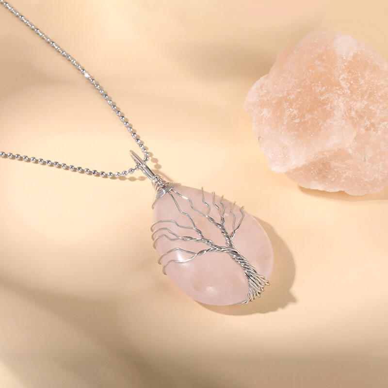 Jeulia "Unconditional Love" Winding Tree Design Natural Rose Quartz Necklace