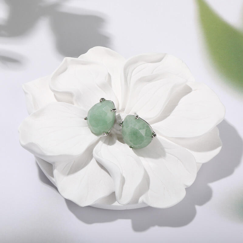 Jeulia "Soothing Energy" Pear Shaped Natural Green Aventurine Stud Earrings