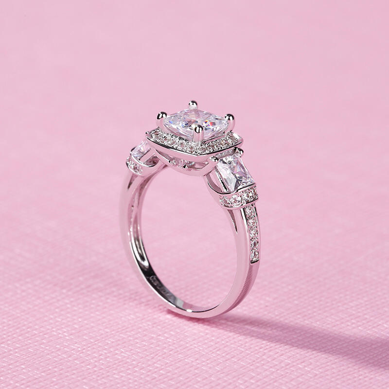 Jeulia Three Stone Halo Princess Cut Sterling Silver Ring