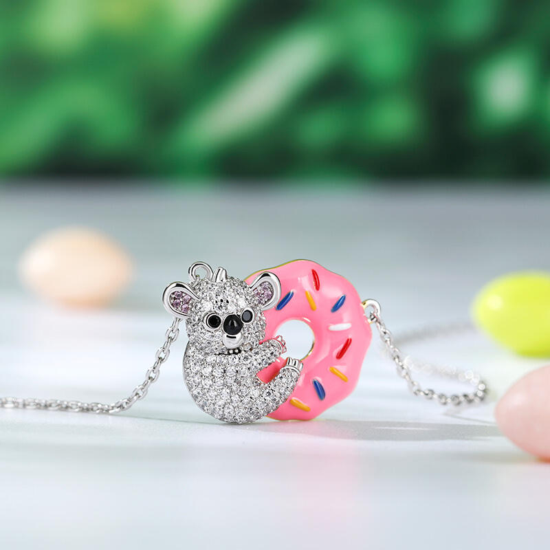 Jeulia "Dream Time" Koala Bear and Donut Enamel Sterling Silver Necklace