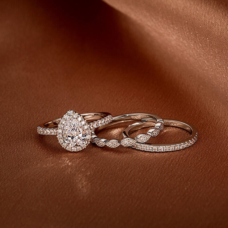 Jeulia Halo Pear Cut Sterling Silver Ring Set