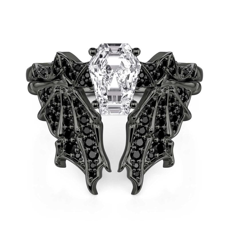 Jeulia Gothic Black Bat Coffin Cut Engagement Ring Set