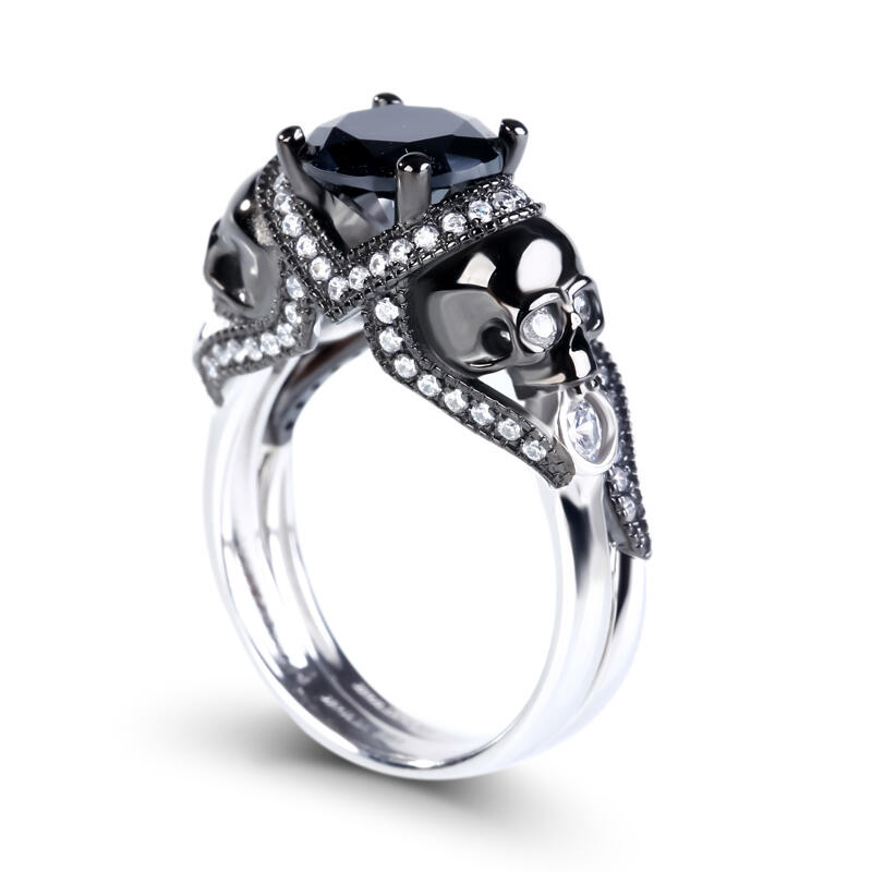 Jeulia Two Tone Round Cut Sterling Silver Skull Ring