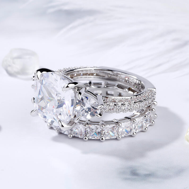 Jeulia Three Stone Cushion Cut Sterling Silver Ring Set