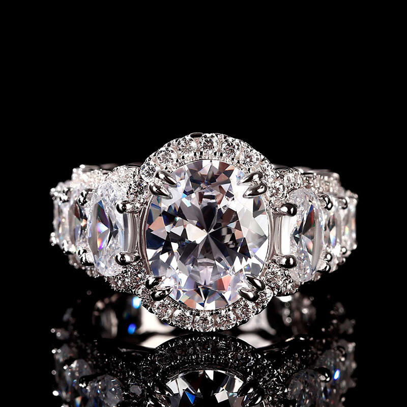 Jeulia Anel de prata esterlina com corte oval halo artístico