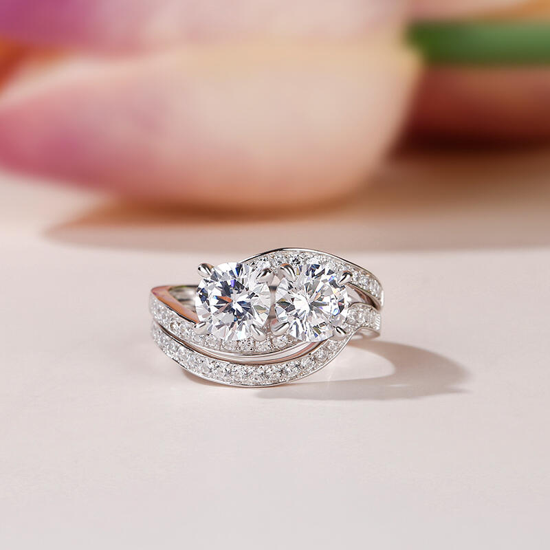 Jeulia Bypass Two Stone Round Cut Sterling Silver Ring Set