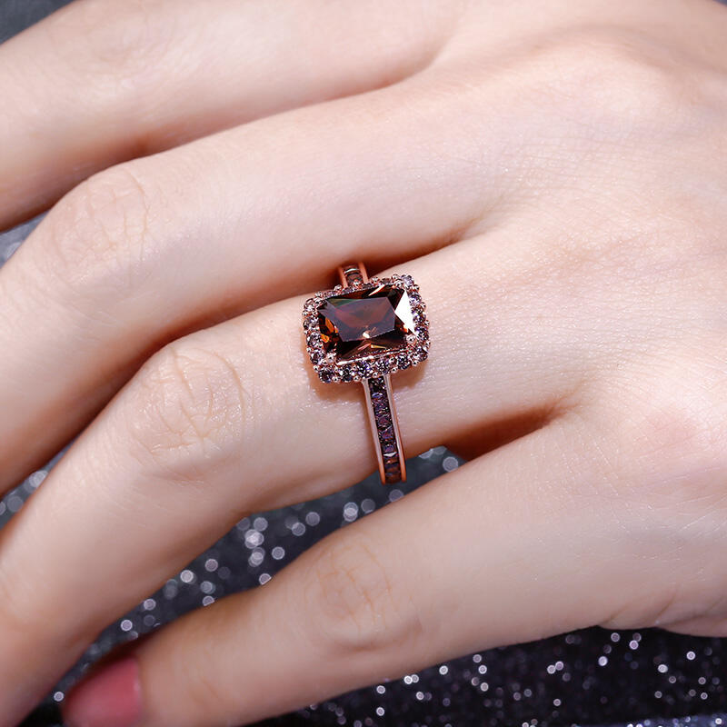 Jeulia "Delicious Coffee" Halo Emerald Cut Sterling Silver Ring