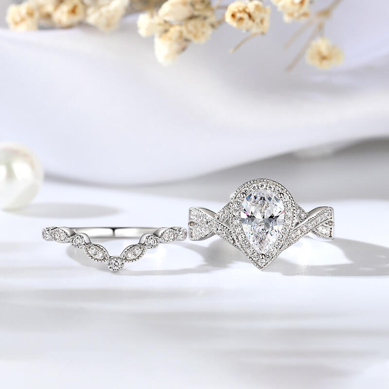 Jeulia Halo Pear Cut Sterling Silver Ring Set