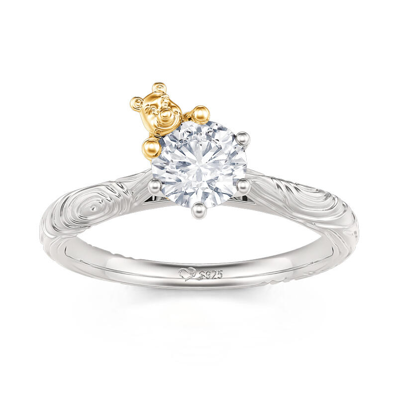 Jeulia Hug Me Anillo de Plata Esterlina Grano de Madera de Oso de Dibujos Animados de Corte Redondo