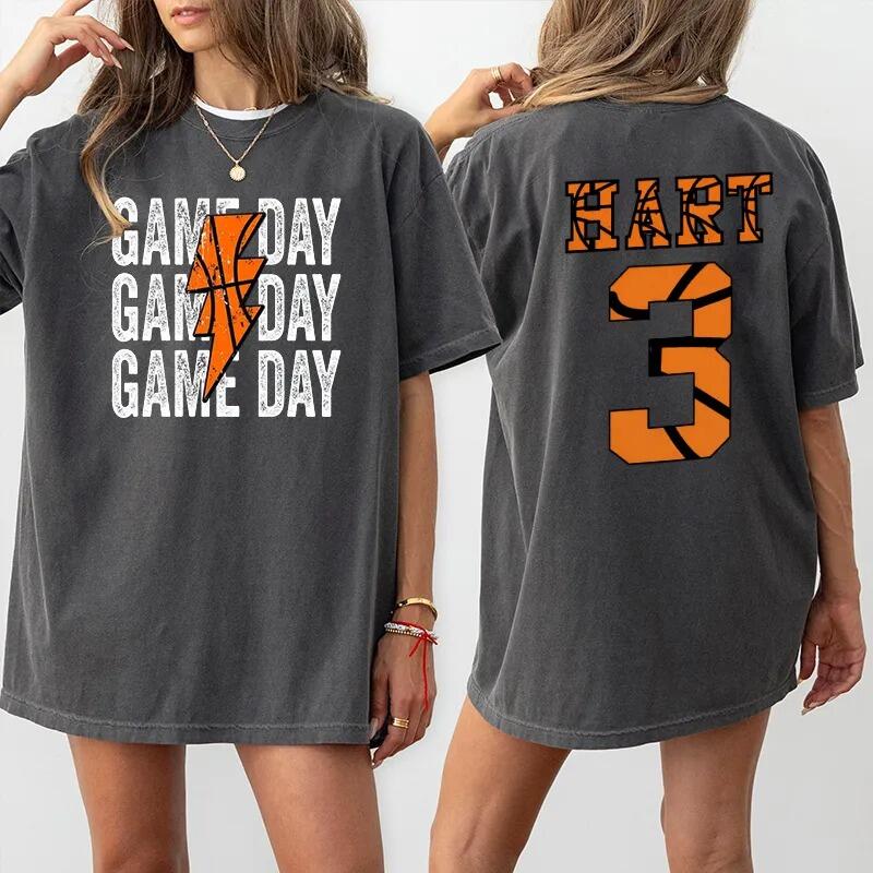 Personalized Washed T-shirt Game Day Custom Basketball Elements Font Design Gift for Sports Lovers