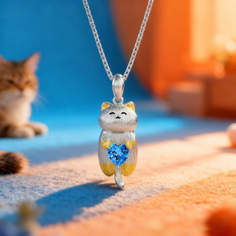 Jeulia Collar con Abrazo de Gato Adorable Dorado de Plata de Ley
