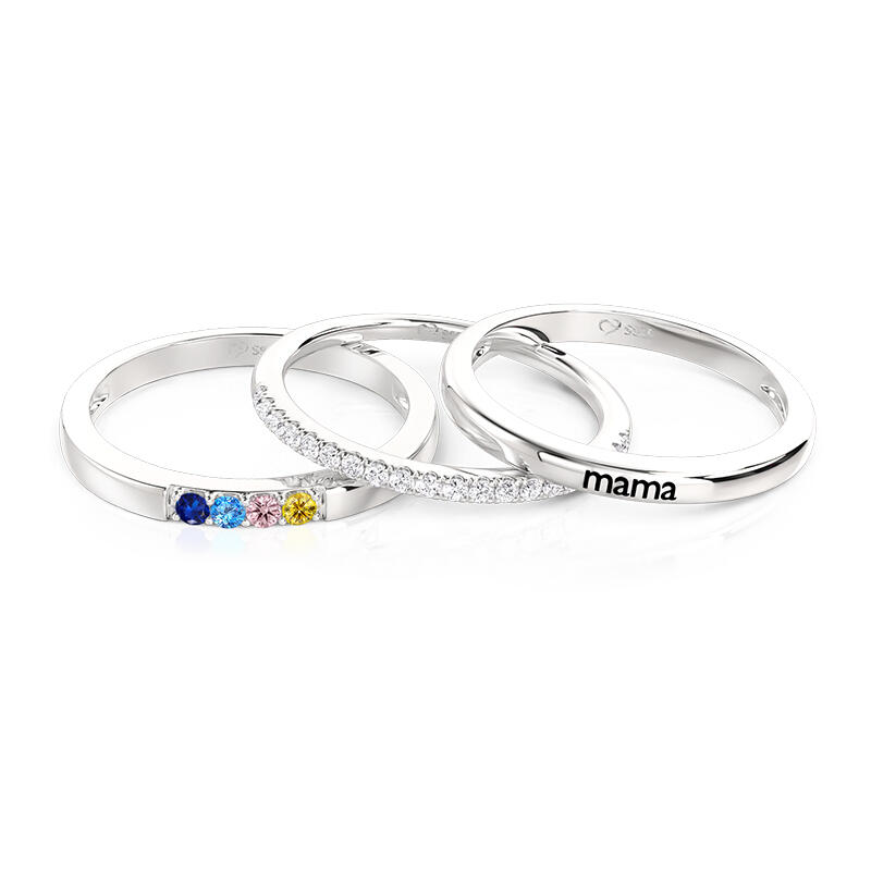 Jeulia Custom Engraved Name Four Birthstone Ring Set 3PCS