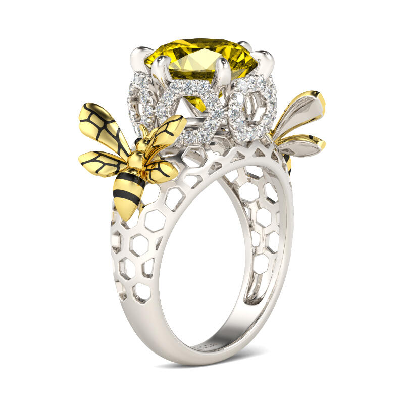 Two Tone Bee Honeycomb Round Cut Sterling Silver Ring