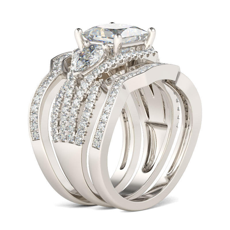 Jeulia Three Stone Princess Cut Sterling Silver Ring Set