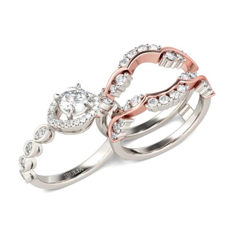 Jeulia Conjunto De Anillos Con Dos Tonos De Halo De Talla Redonda En Plata De Ley