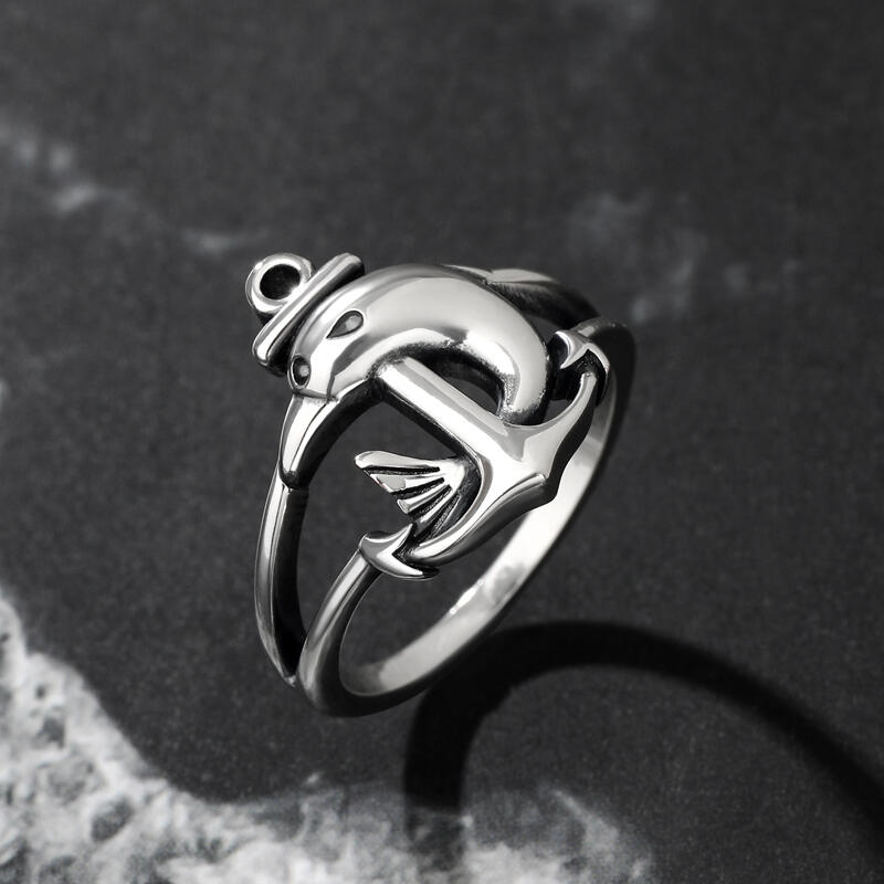 Jeulia Anillo de plata de ley con delfín y ancla