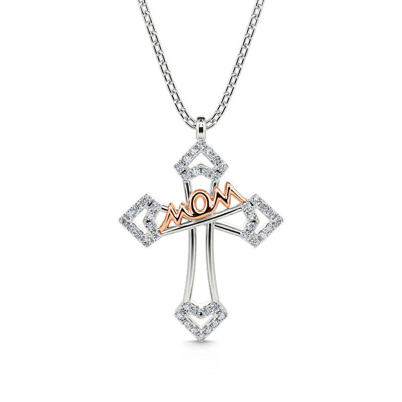 Jeulia "Mom Bless You" Mom Cross Sterling Silver Necklace
