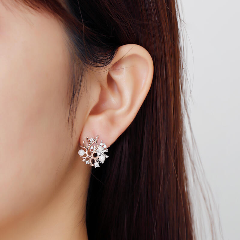 Jeulia Pendientes de coral de plata de ley con perlas cultivadas