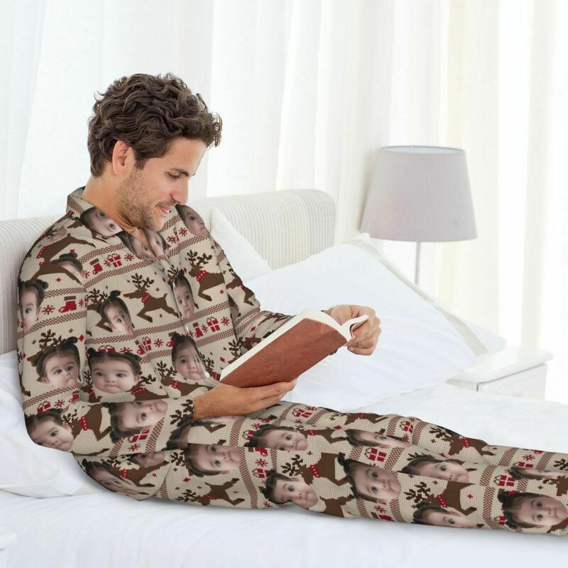 Personalisierte Pyjamas mit individuellem Kinderfoto Rentier Weihnachtsstimmung Muster Design Geschenk für die Familie