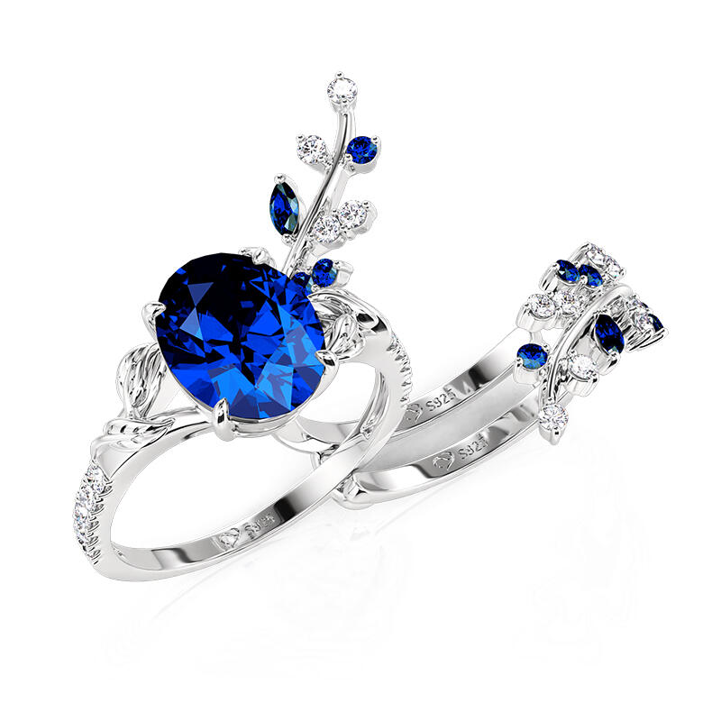 Jeulia Vintage Cubic Leaf Sapphire Ring Set