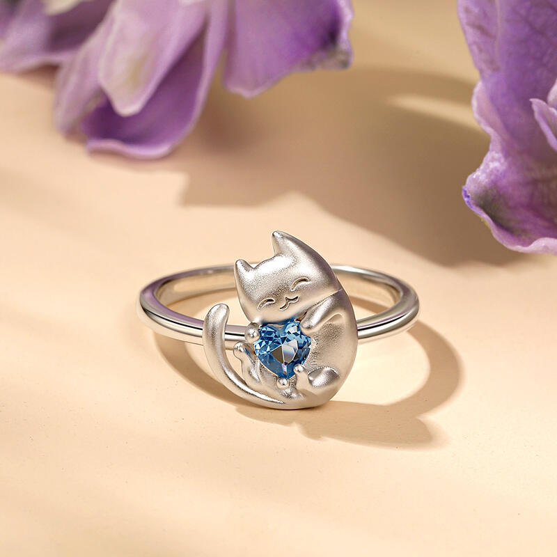 Jeulia Anel Fofo Gato com Pedra Azul em Forma de Coração