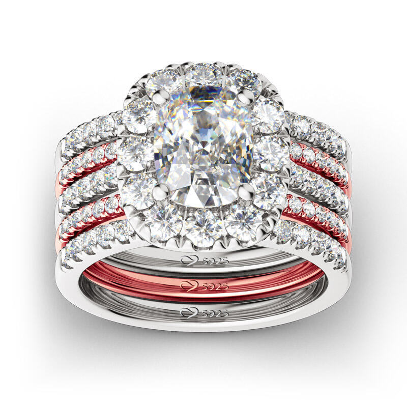 Jeulia Two Tone Halo Sterling Silver Ring Set