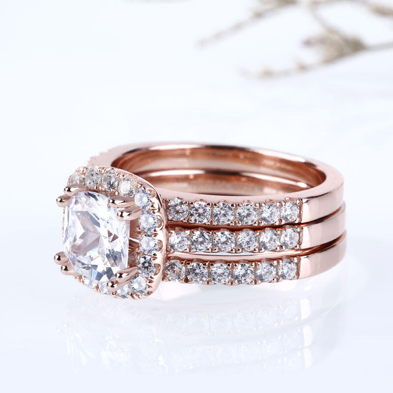 Jeulia 3PC Rose Gold Tone Halo Cushion Cut Sterling Silver Ring Set