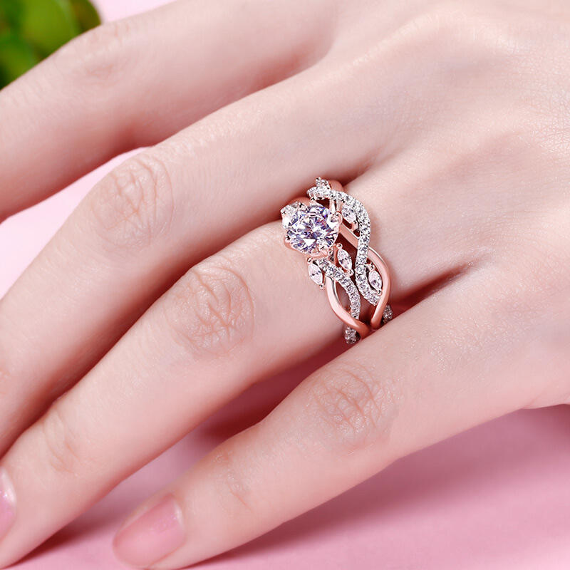 Jeulia Conjunto De Anillo De Plata Esterlina Con Corte Redondo Bicolor Torceido