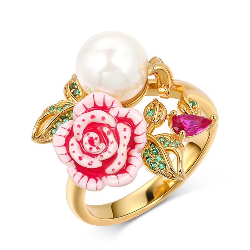 Jeulia "Cherished Love" Cultured Pearl Rose Flower Enamel Sterling Silver Ring