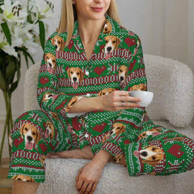 Pyjama personnalisé avec photo d'animal de compagnie personnalisée, design de style pixel d'amour de Noël, cadeau parfait pour la famille