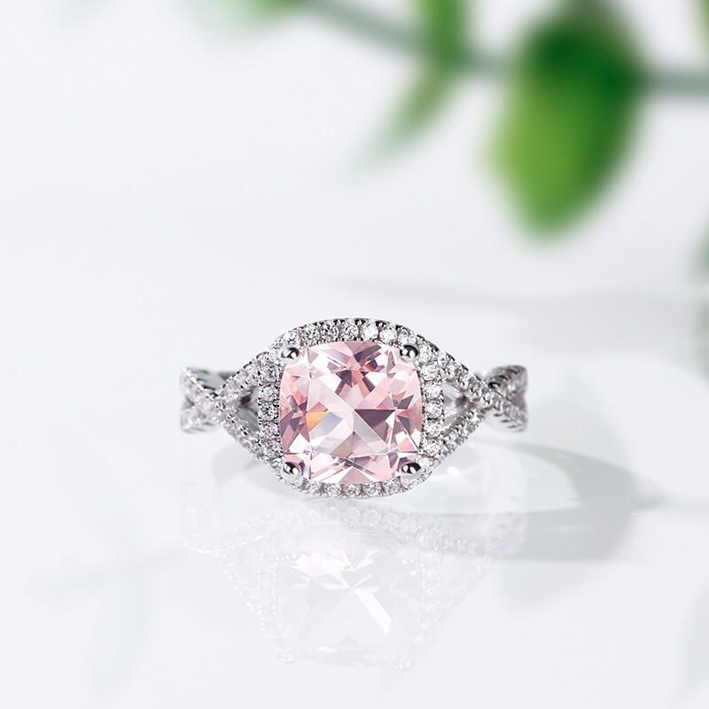 Jeulia Twist Halo Cushion Cut Synthetic Morganite Sterling Silver Ring