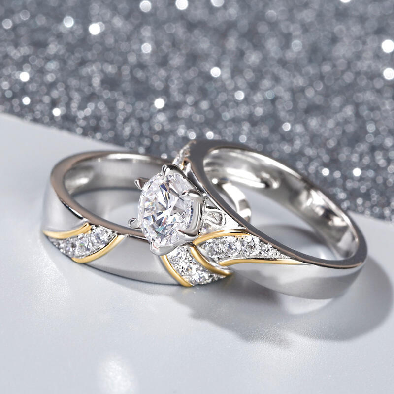 Jeulia Two Tone Round Cut Sterling Silver Ring Set