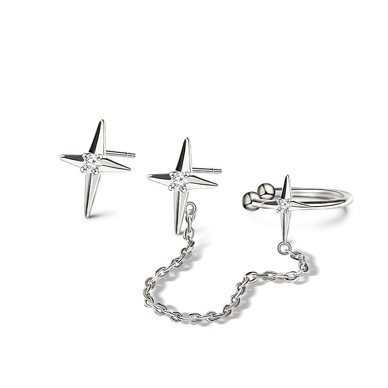 Jeulia "Four-Point Star" Sterling Silver Ear Cuff with Chain