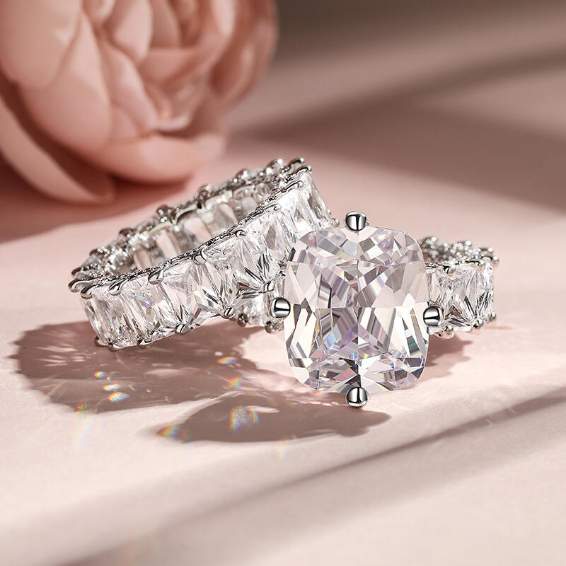 Jeulia Cushion Cut Three Sided Pave Sterling Silver Eternity Ring Set