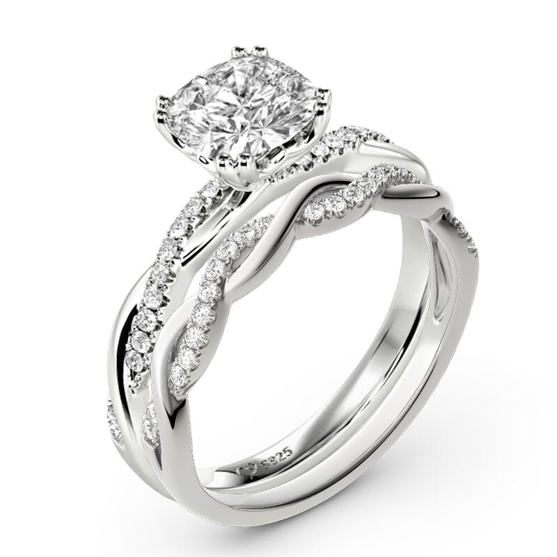 Jeulia Twist Cushion Cut Sterling Silver Ring Set