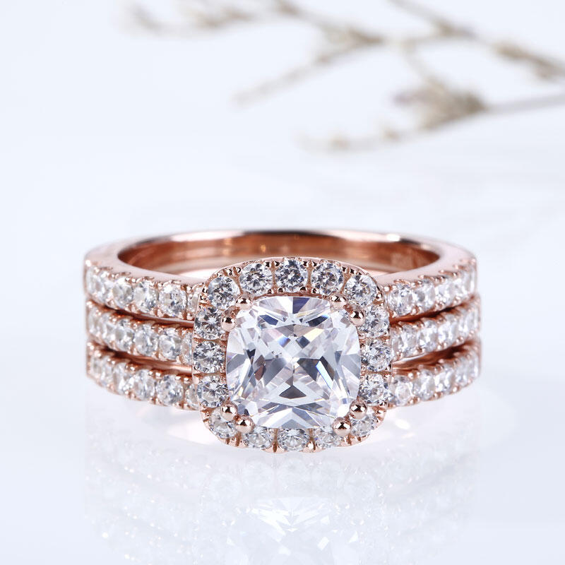 Jeulia 3PC Rose Gold Tone Halo Cushion Cut Sterling Silver Ring Set