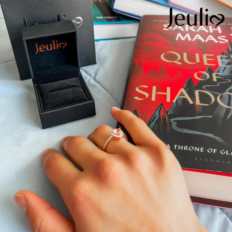 Jeulia Halo Heart Cut Synthetic Morganite Sterling Silver Ring