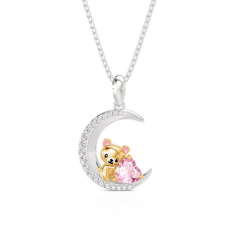 Jeulia Hug Me Custom Teddy Bear Moon Necklace With Birthstone
