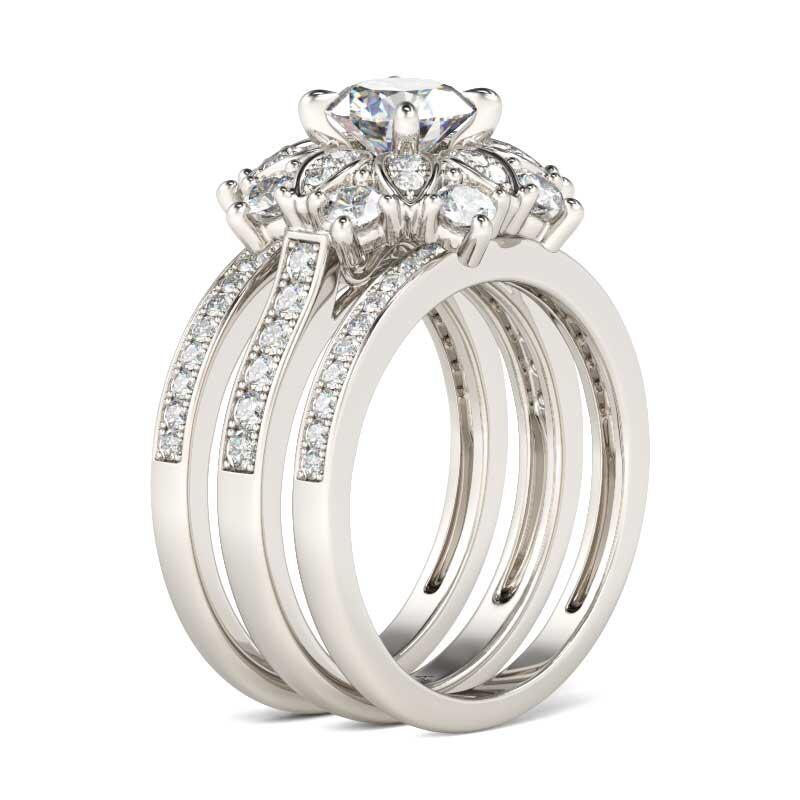 Jeulia Flower Design Round Cut Sterling Silver 3PC Ring Set