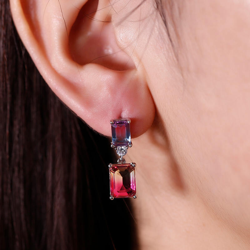Jeulia Elegant Emerald Cut Watermelon Stone Sterling Silver Earrings