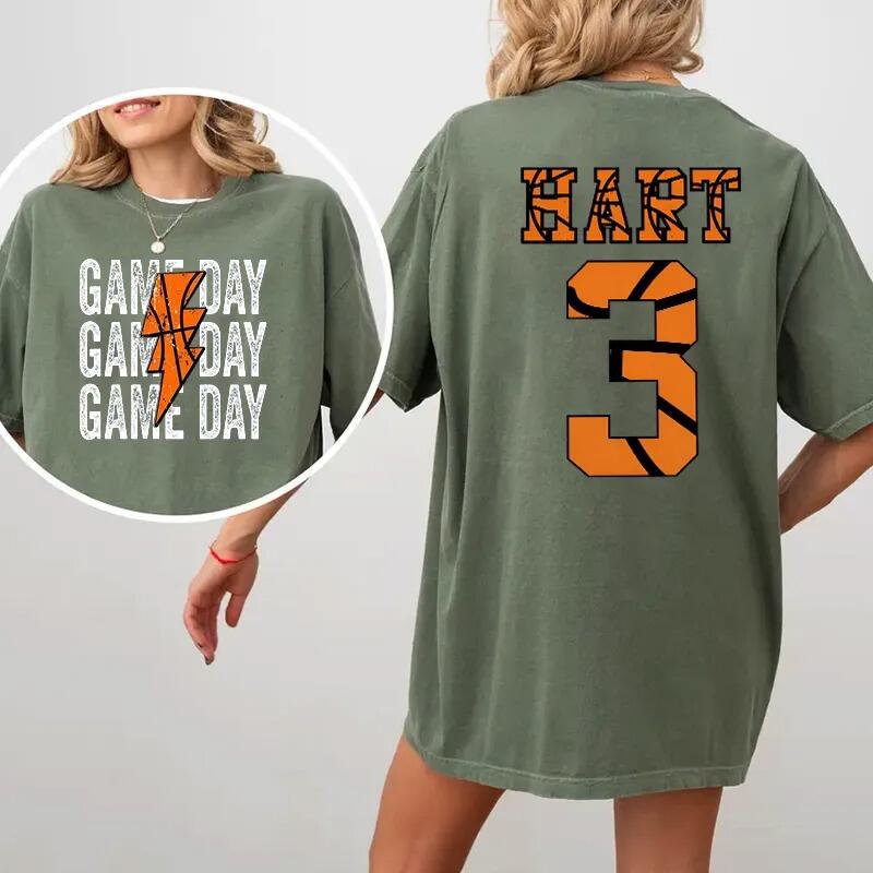 Personalized Washed T-shirt Game Day Custom Basketball Elements Font Design Gift for Sports Lovers