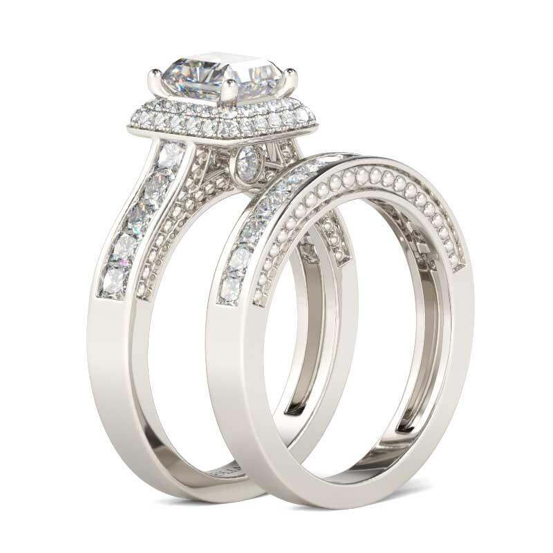 Jeulia Conjunto De Anillos Con Doble Halo De Talla Princesa En Plata De Ley