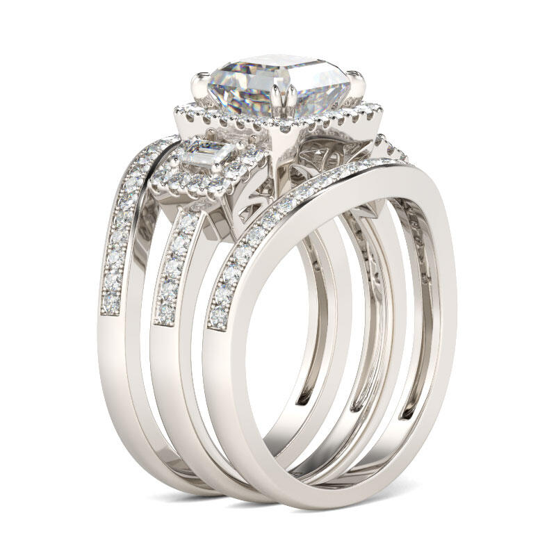 Jeulia Halo Three Stone Asscher Cut Sterling Silver Ring Set
