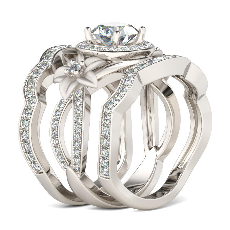 Jeulia Terno de anéis florais de corte redondo em prata de lei