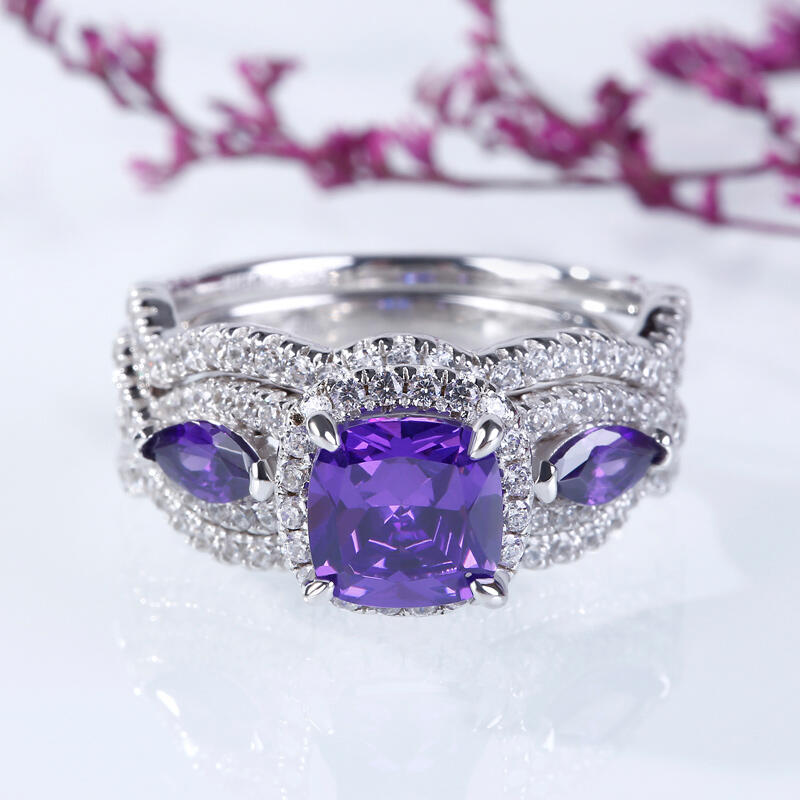 Jeulia Halo Three Stone Cushion Cut Sterling Silver 3PC Ring Set