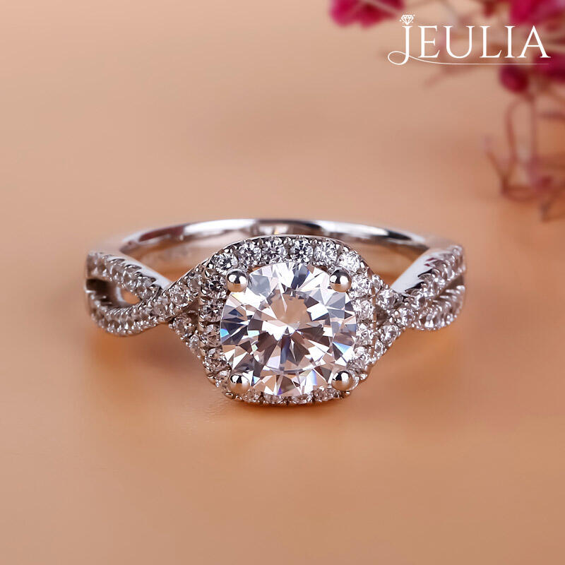 Jeulia Twist Halo Round Cut Sterling Silver Ring