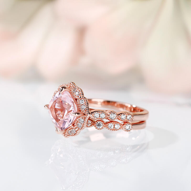 Jeulia Floral Halo Cushion Cut Synthetic Morganite Sterling Silver Ring Set