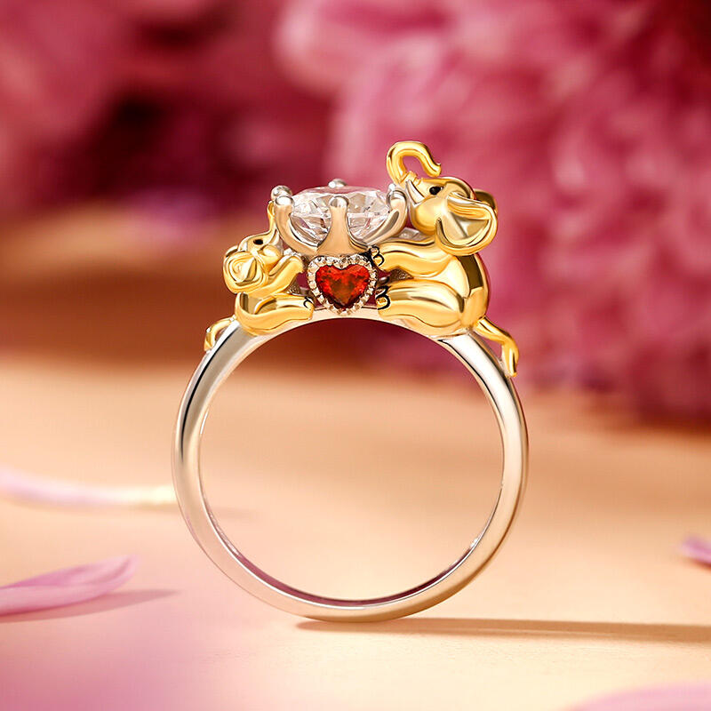 Jeulia Hug Me "Mother & Baby" Elephant Round Cut Sterling Silver Ring