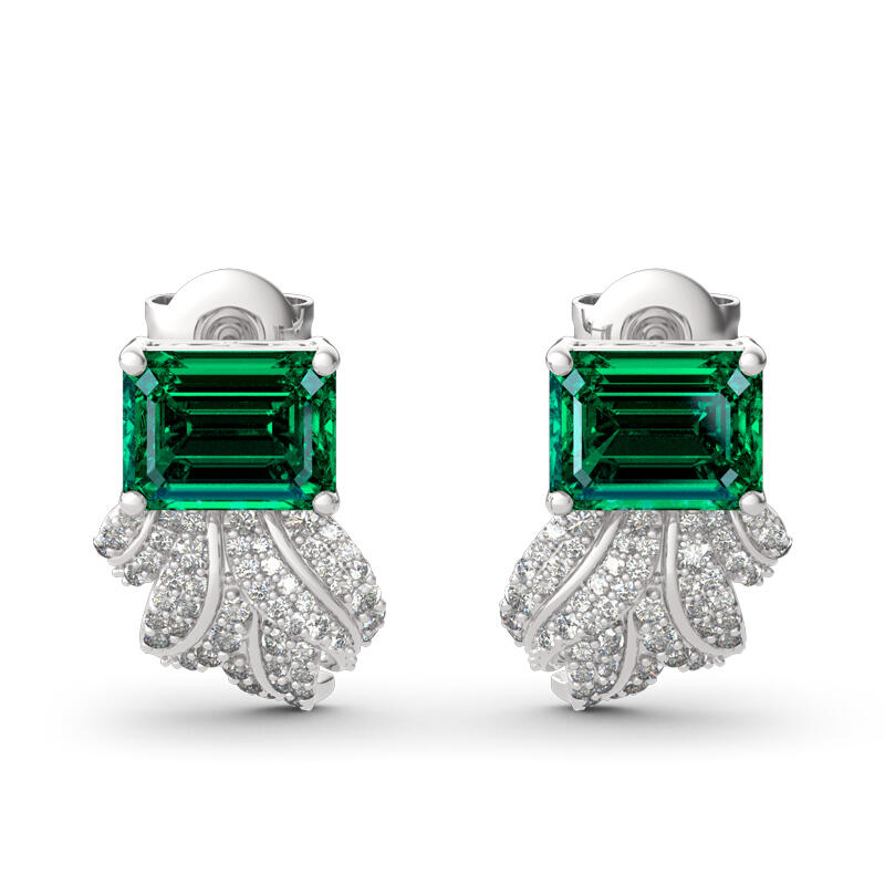 Jeulia Leaf Design Emerald Cut Sterling Silver Earrings