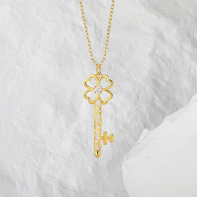 Jeulia Personalized Name Four Leaf Clover Key with Birthstones Sterling Silver Necklace